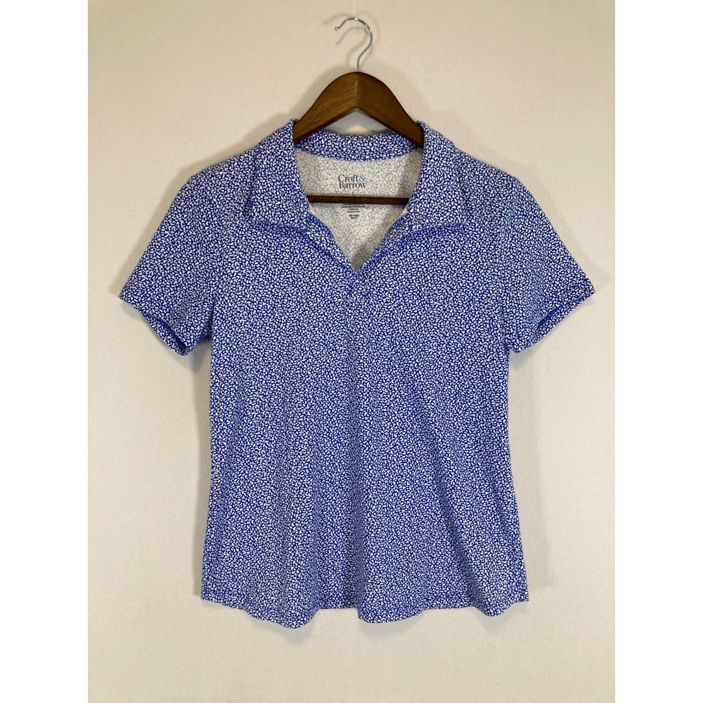 Preppy Croft & Barrow Womens Small Blue White Micro Print Short Sleeve Polo Top